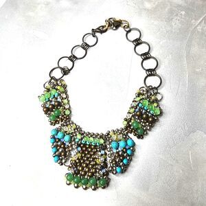 Pam Hiran Anthropologie Turquoise Green Brass Beaded Collar Necklace